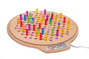 Circular birch pegboard with colorful translucent acrylic pegs and light control knobs on a white background.