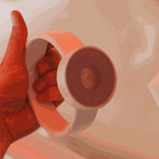 Hand holding a white plastic ring with a circular magnetic attachment for magnet wall play.