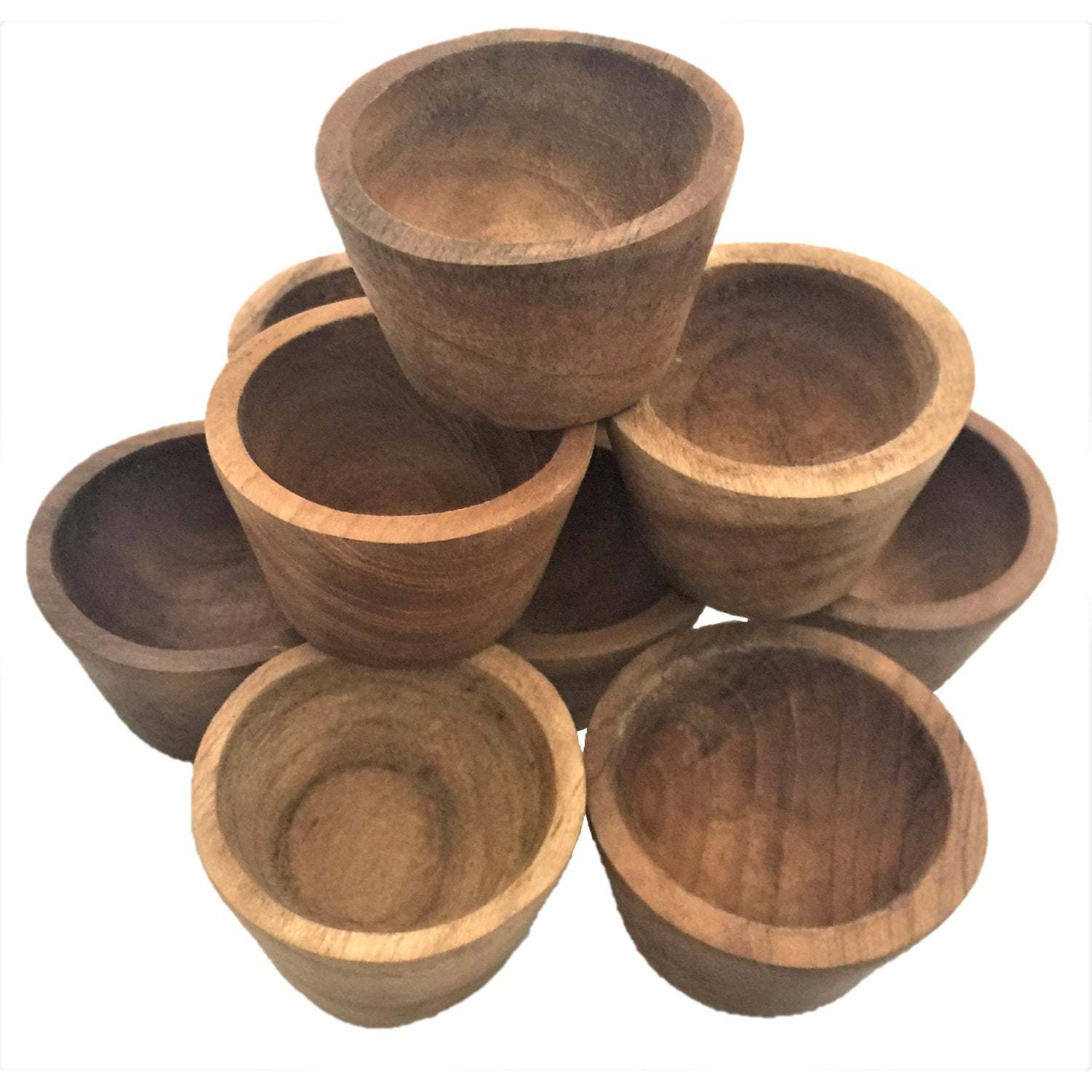 Stack of small, natural wooden bowls with a smooth finish, perfect for sorting, counting, and sensory play activities.