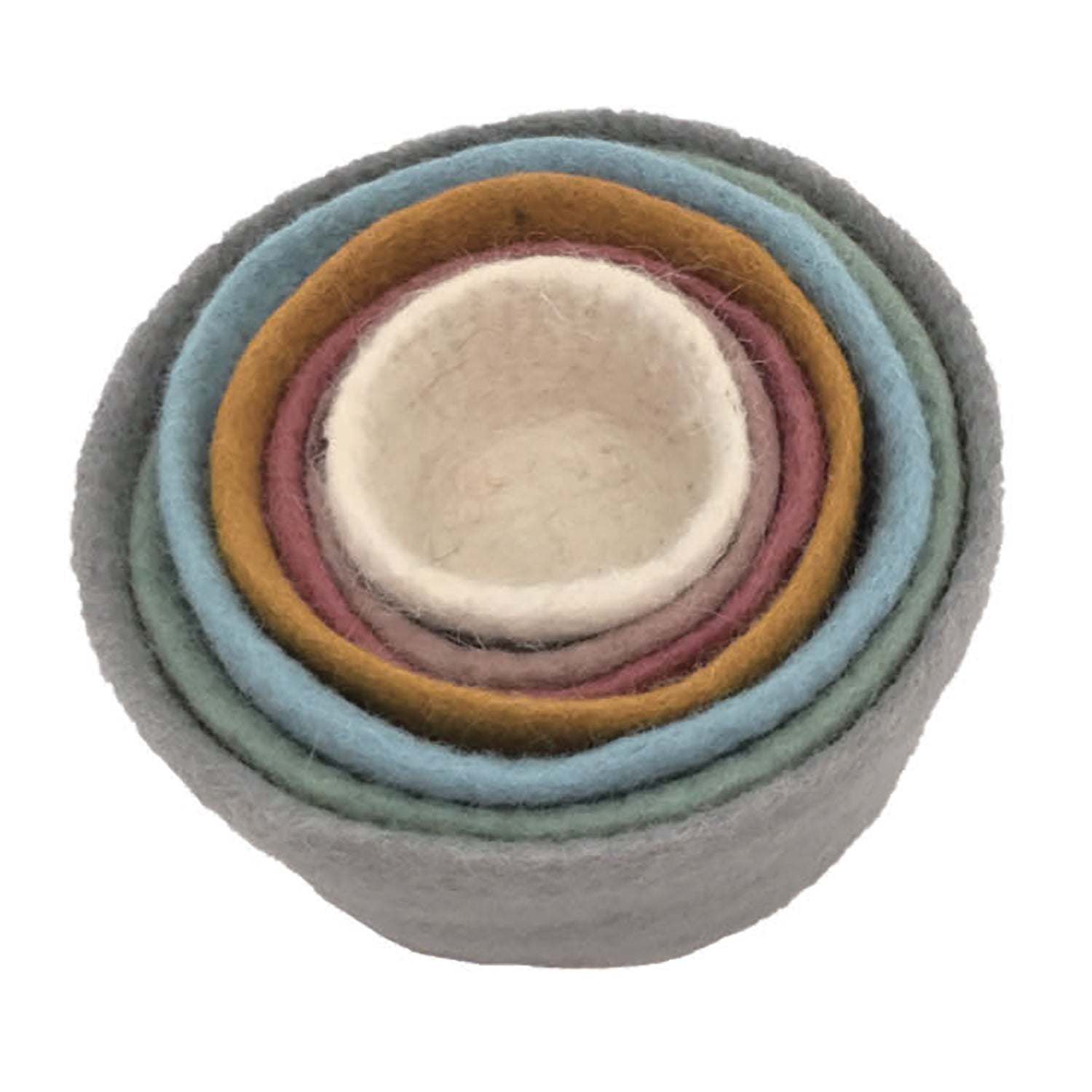 Set of seven nested wool bowls in earthy tones, featuring a soft felt texture and graduated sizes for organization.
