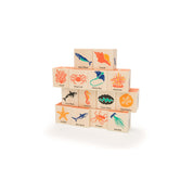 Colorful Ocean Blocks with sea creature illustrations and Art Nouveau letters, child-safe and handmade in the USA