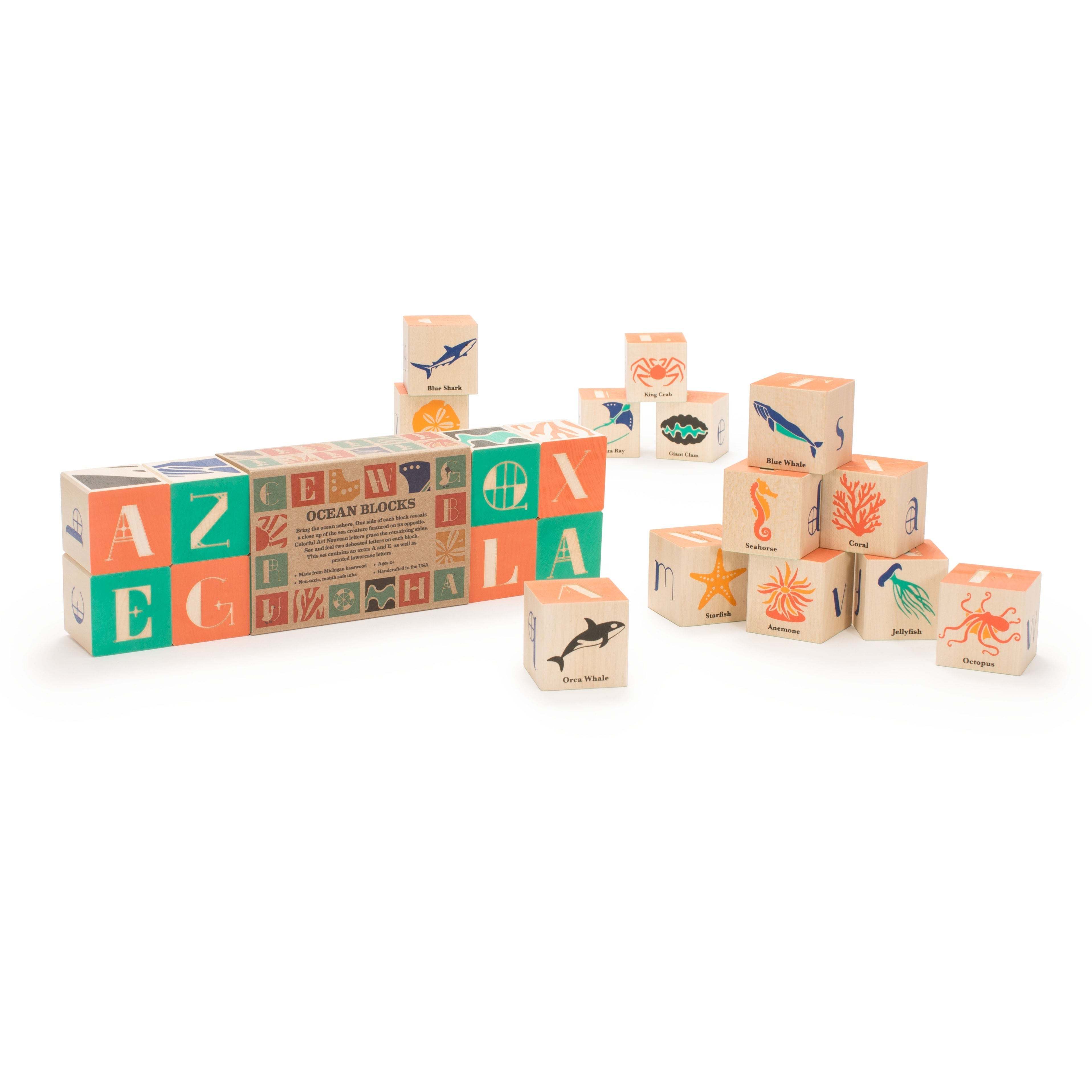 Colorful Ocean Blocks with sea creatures and Art Nouveau letters, child-safe and handmade in the USA