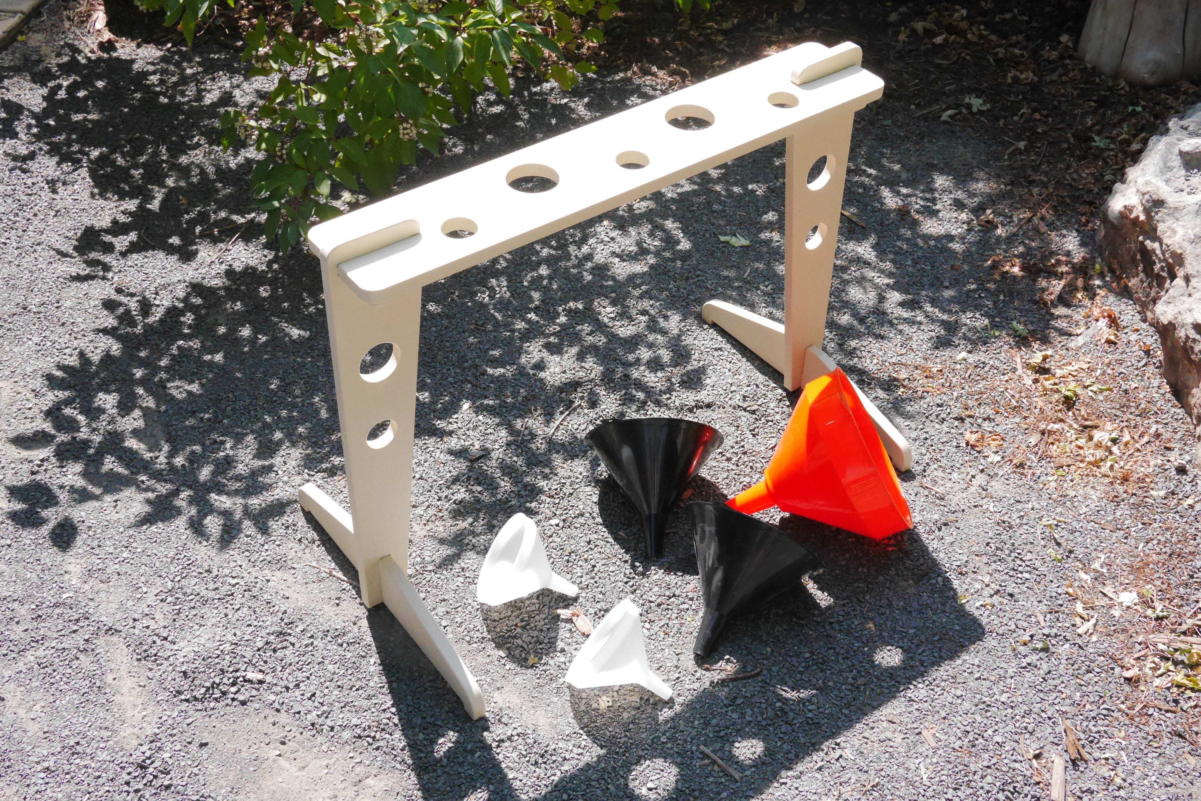 Outdoor Funnel Stand made of durable marine-grade HDPE for hands-on STEM learning and counting activities in outdoor play areas