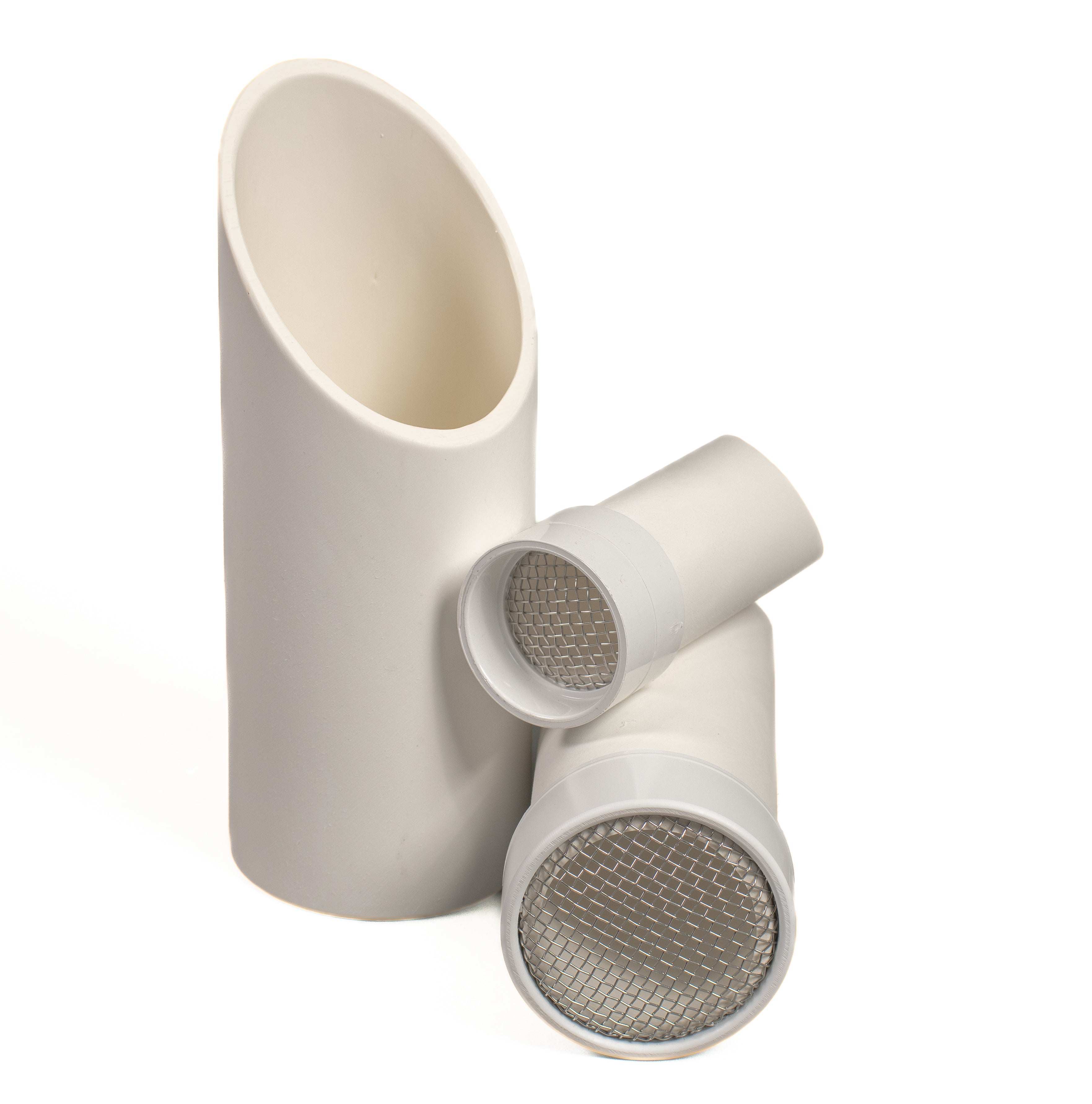 Three white plastic outdoor sifter scoops of varying sizes with metal mesh screens for sensory sand and water play.
