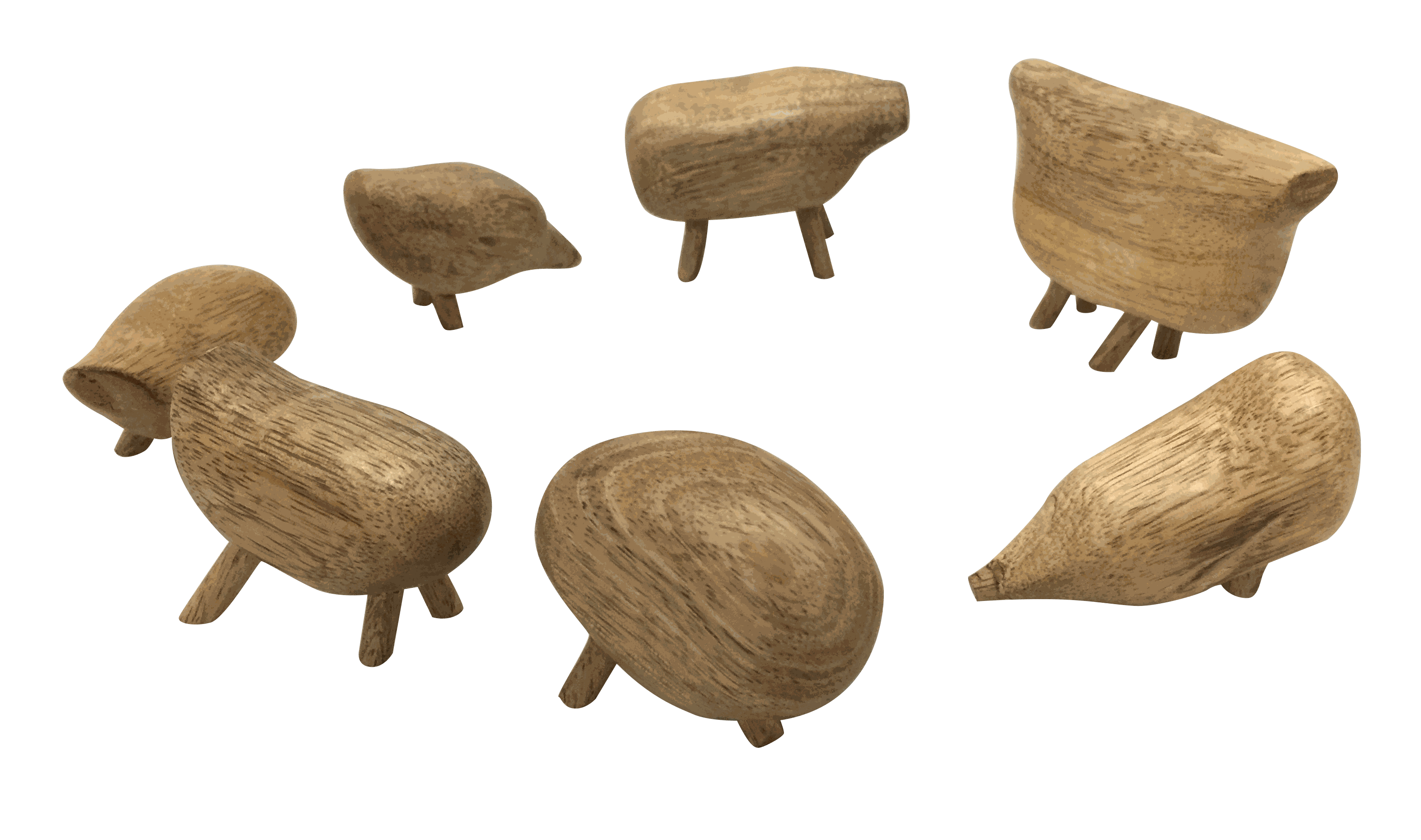Handmade fair trade wooden animal figures with smooth, pebble-like bodies and small legs arranged in a circle.