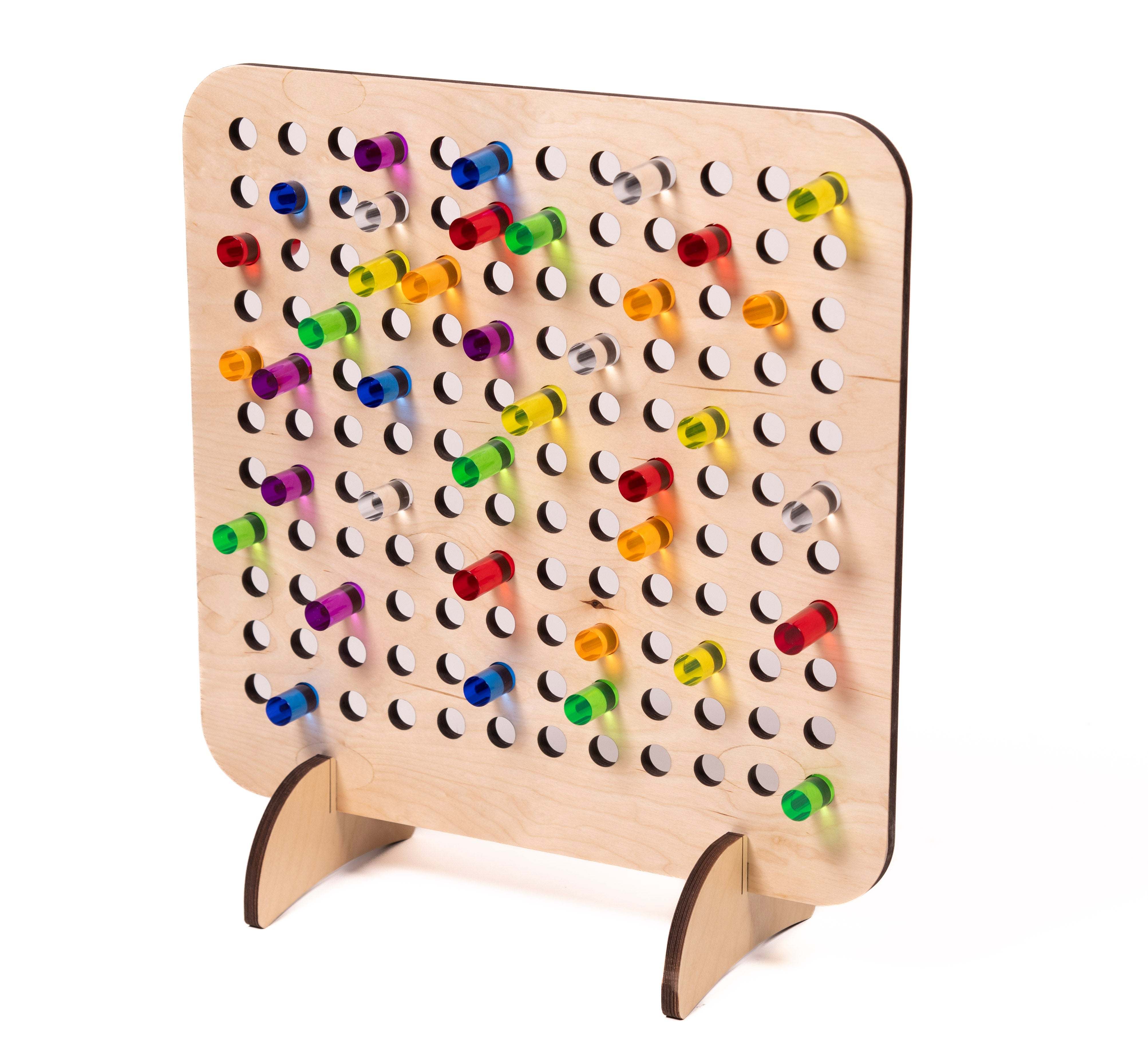 Birch wood pegboard with colorful, translucent acrylic pegs for sensory play and pattern building.