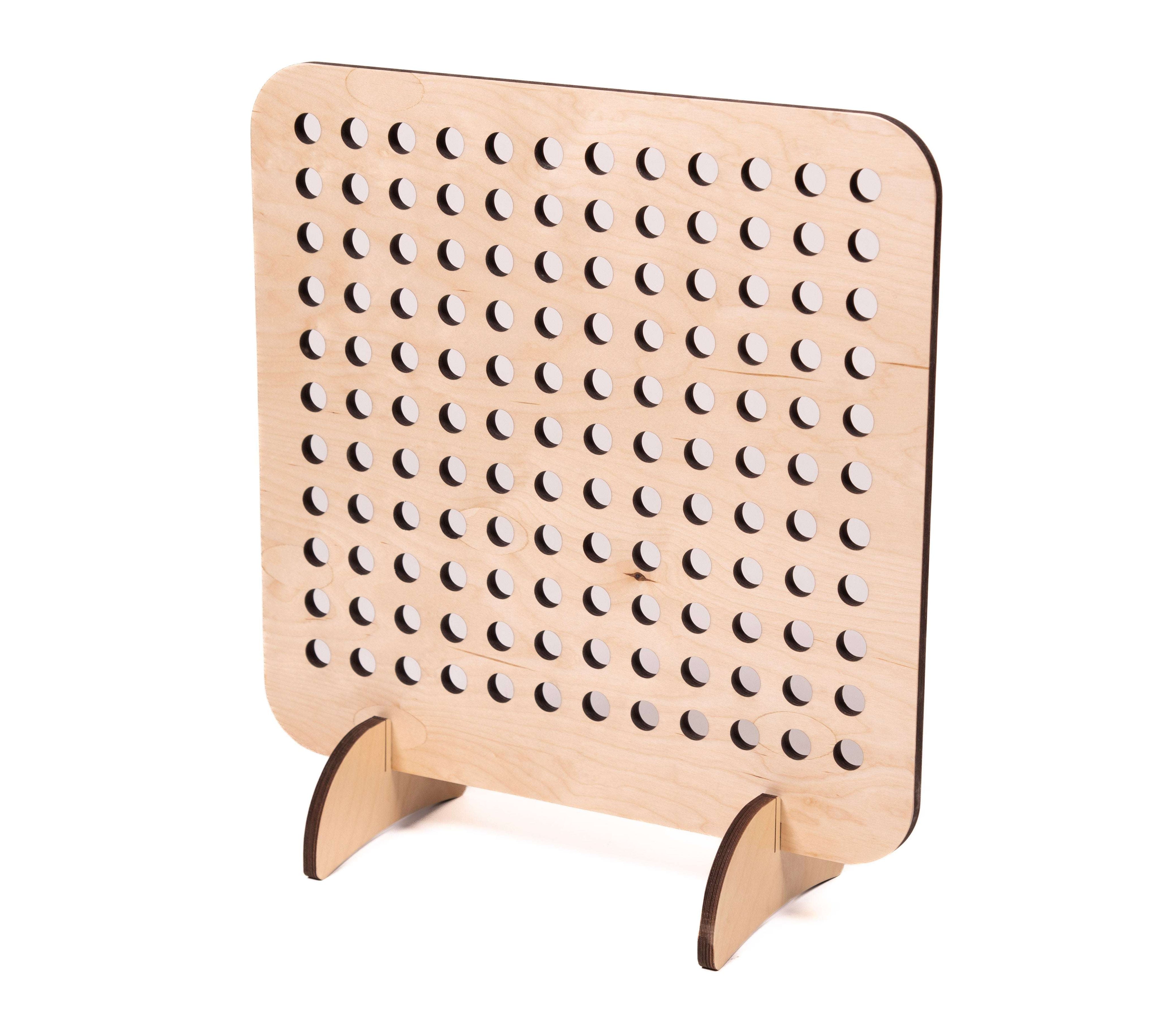 Upright birch wood pegboard with a grid of circular holes for sensory play and pattern making on a white background.