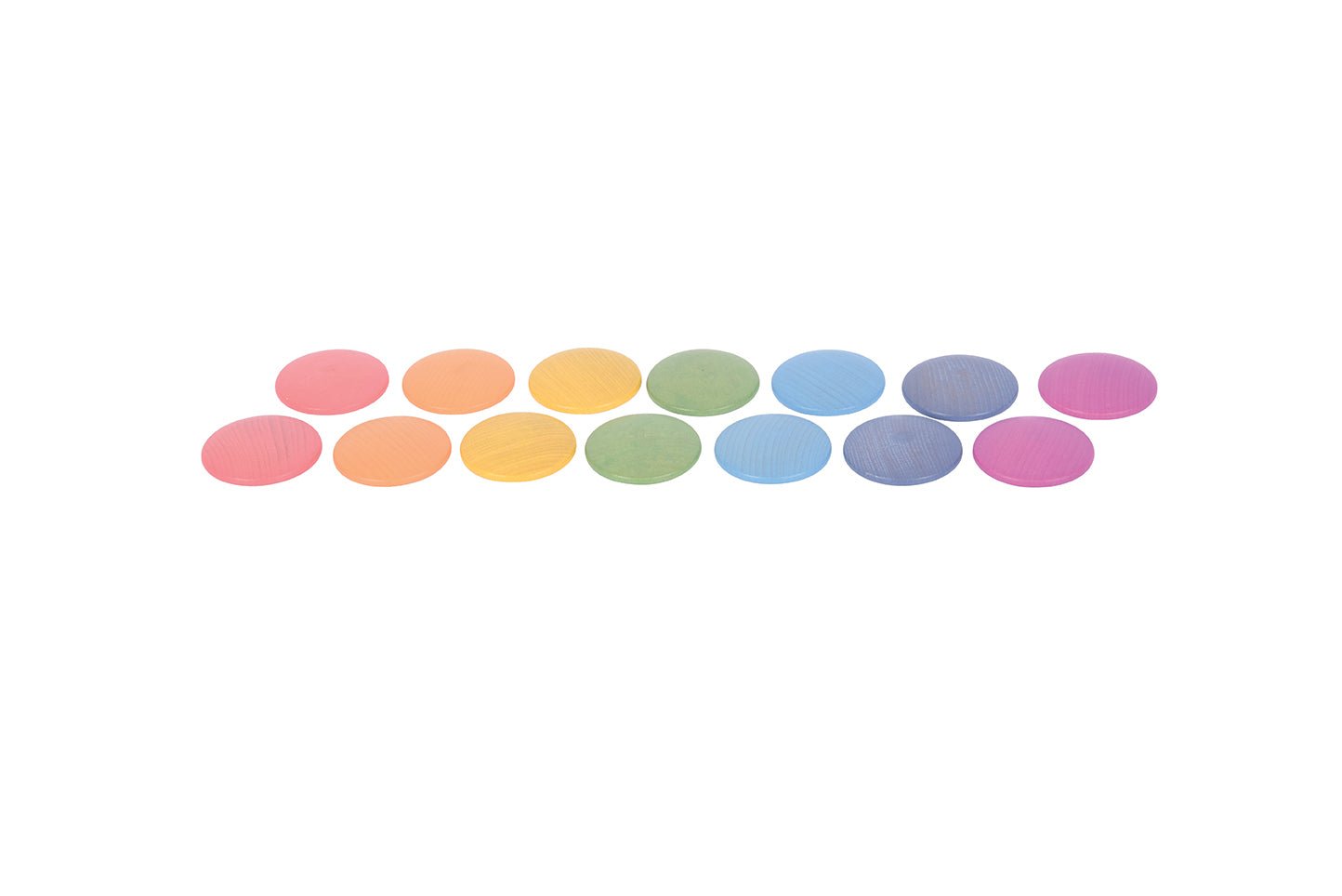Fourteen smooth, pastel-colored wooden discs arranged in two rows on a white background.