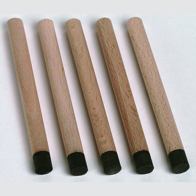 Five smooth, light-colored wooden sand pencils with black tips for drawing and pre-writing practice in sand.