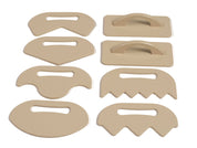 Eight-piece tan plastic sand shaping tool set with various edges for scooping, smoothing, and raking sand.