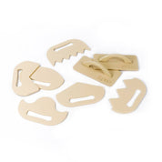 Eight-piece set of beige, ergonomic wooden sand shaping tools with various textured edges for creative play.