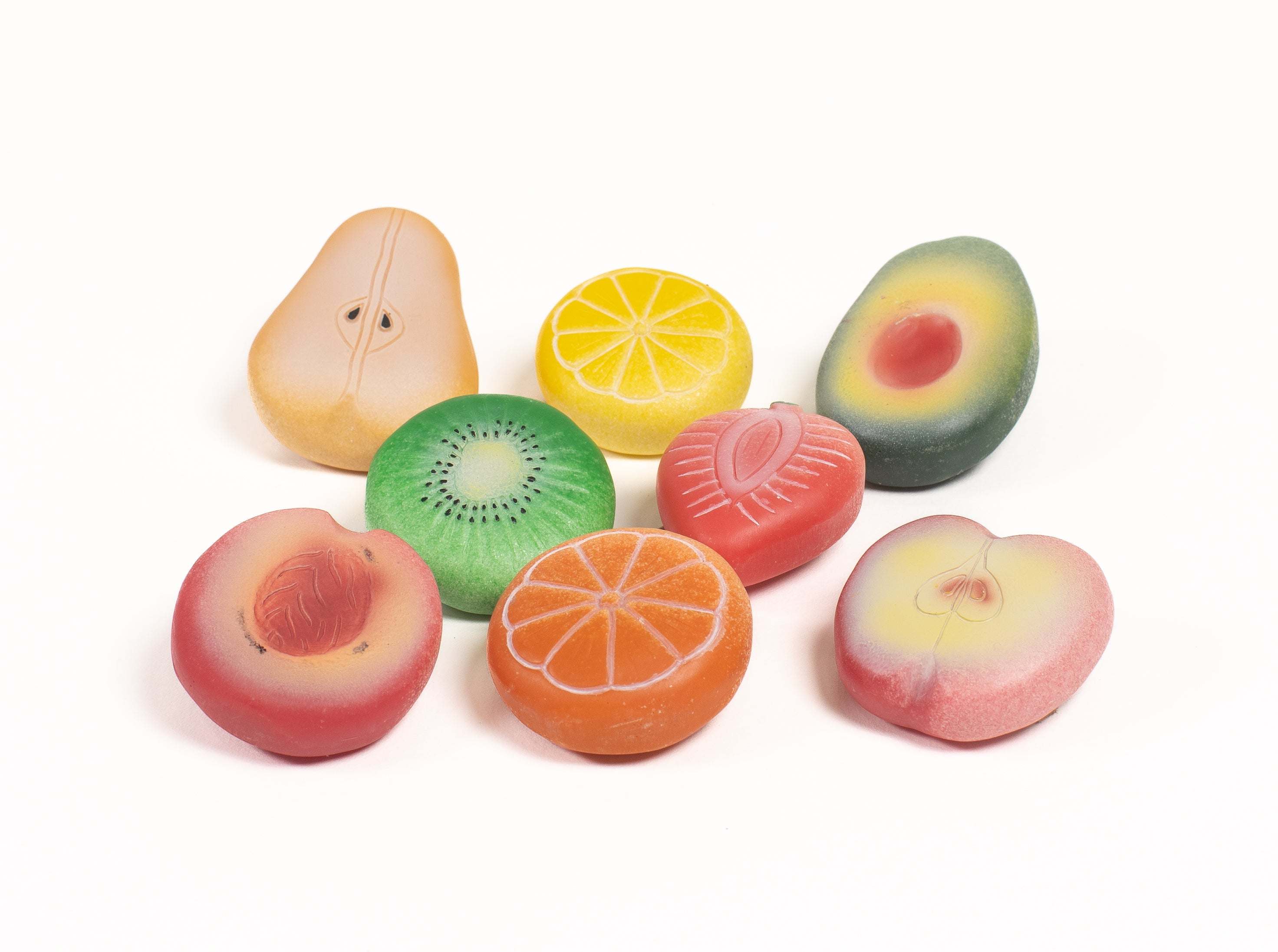 Colorful sensory play stones shaped like fruits, vegetables, and flowers for children's imaginative outdoor and indoor play