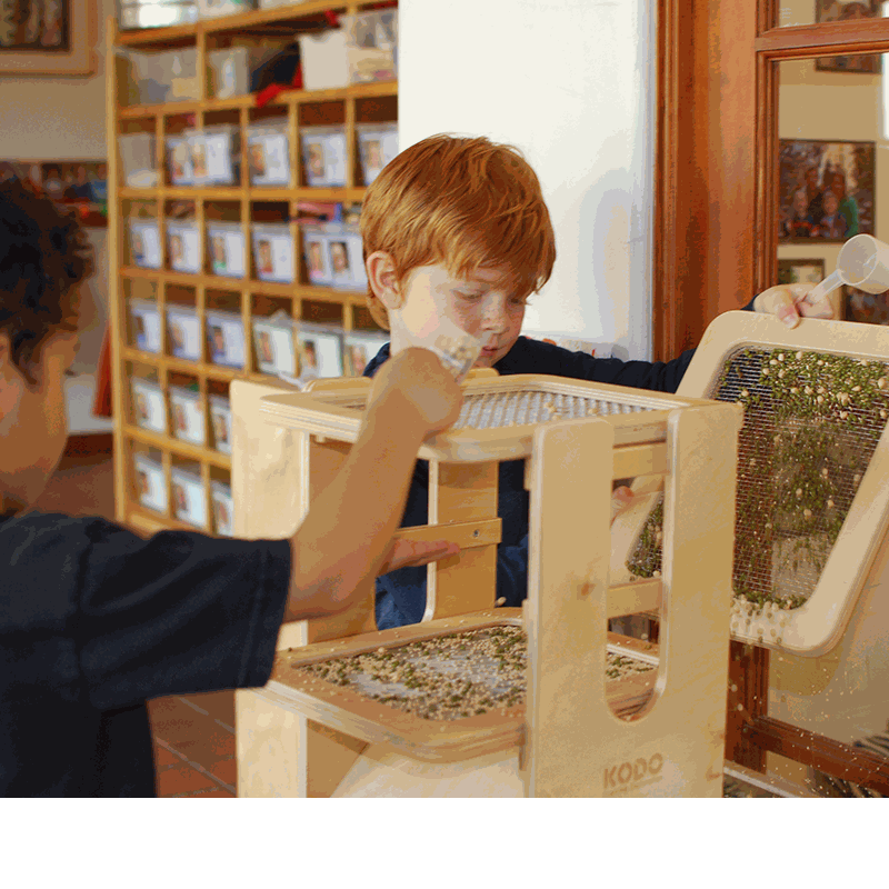 Children using a light-colored wooden Sift & Sort tower with three removable mesh screens to filter sensory materials.