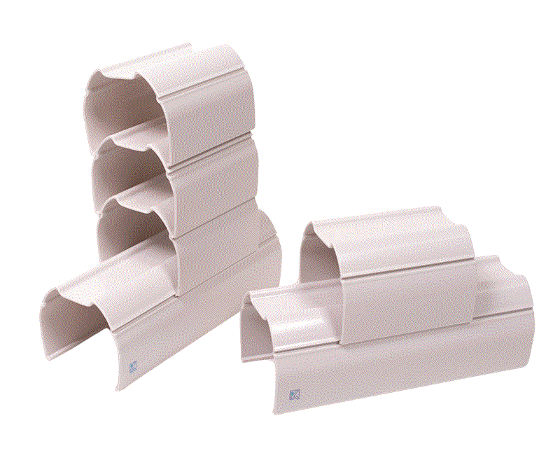 Light gray modular stacking tunnels for children's STEM play, featuring interlocking plastic channels for ramps.