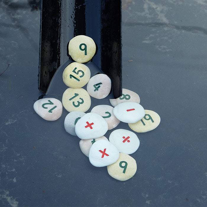 Number Pebbles sum-building set with engraved numerals and symbols for children’s counting and math activities