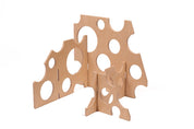Light-colored wooden Swiss Ramp Stands with circular cutouts for STEM building and adjustable track angles.