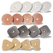 Set of 16 tactile threading pebbles in various shapes, colors, and textures with center holes for sensory play.