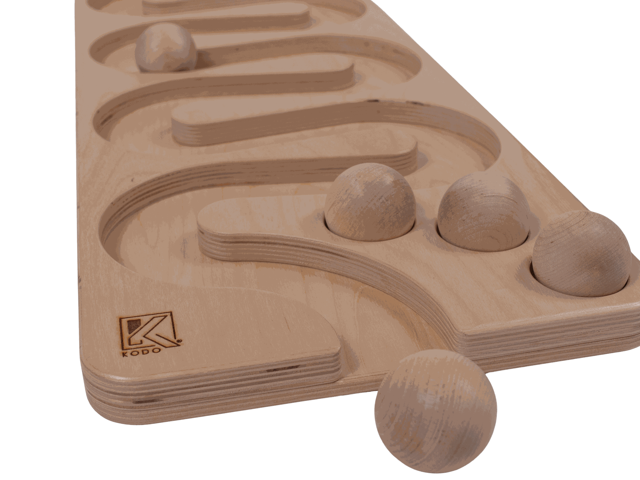 Natural wooden toddler ball run with winding tracks and smooth spheres for STEM learning and motor skill development.