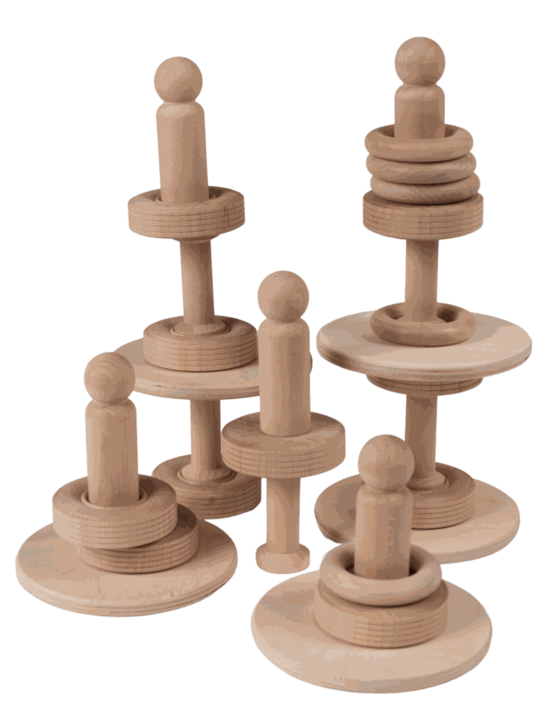 Set of natural wooden stacking blocks, rings, and figures for toddler creative play and STEM learning.