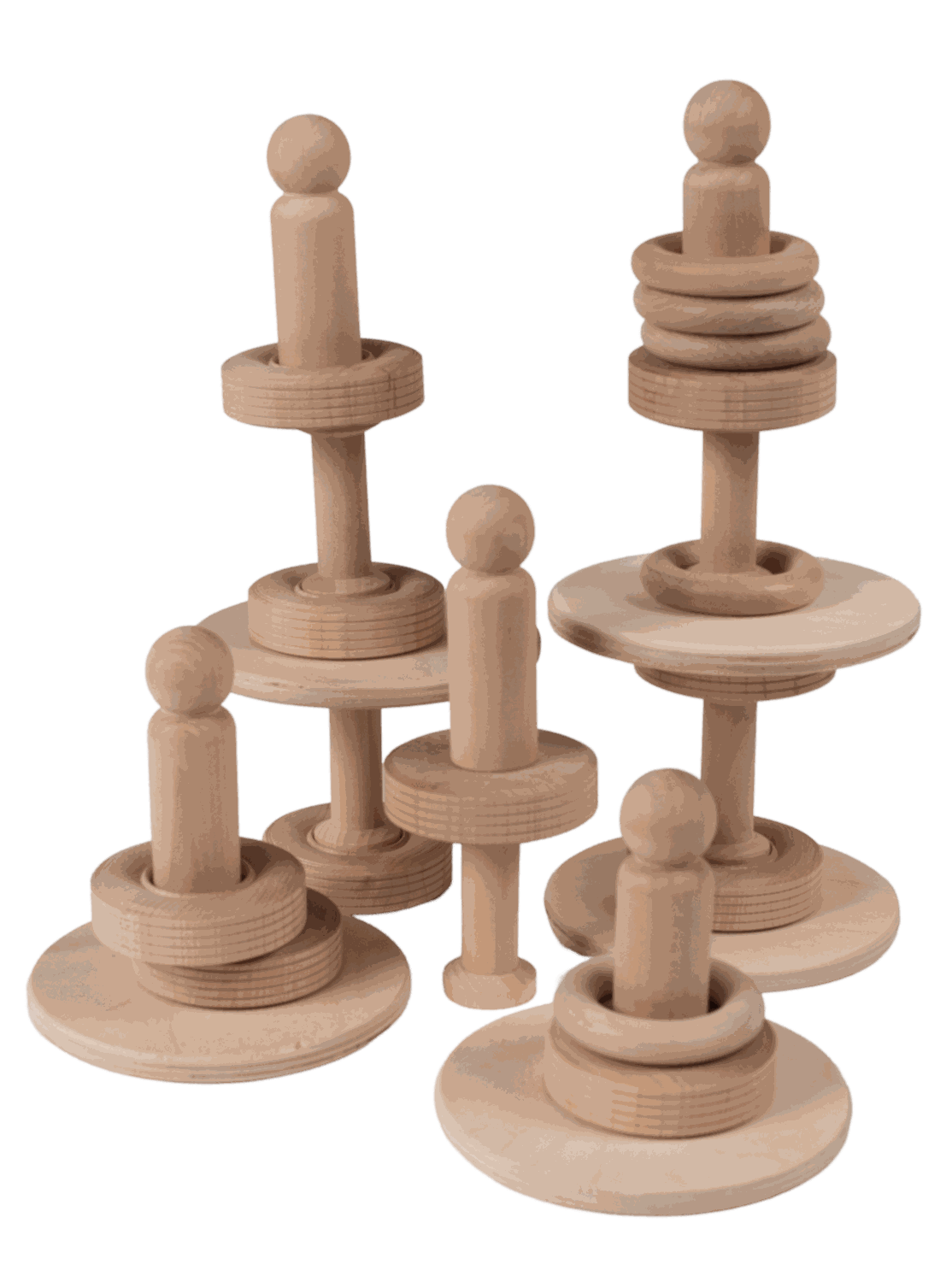 Set of natural wooden stacking blocks, rings, and figures for toddler creative play and STEM learning.