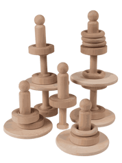 Set of natural wooden stacking blocks, rings, and figures for toddler creative play and STEM learning.