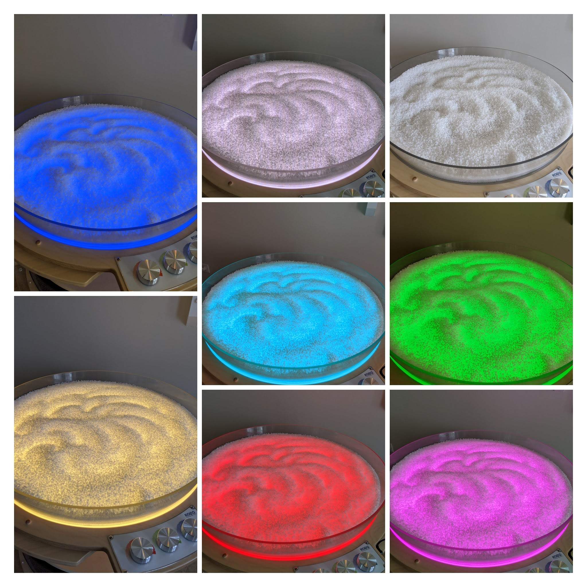Milky white translucent sensory beads glowing in various colors on a circular light panel tray.