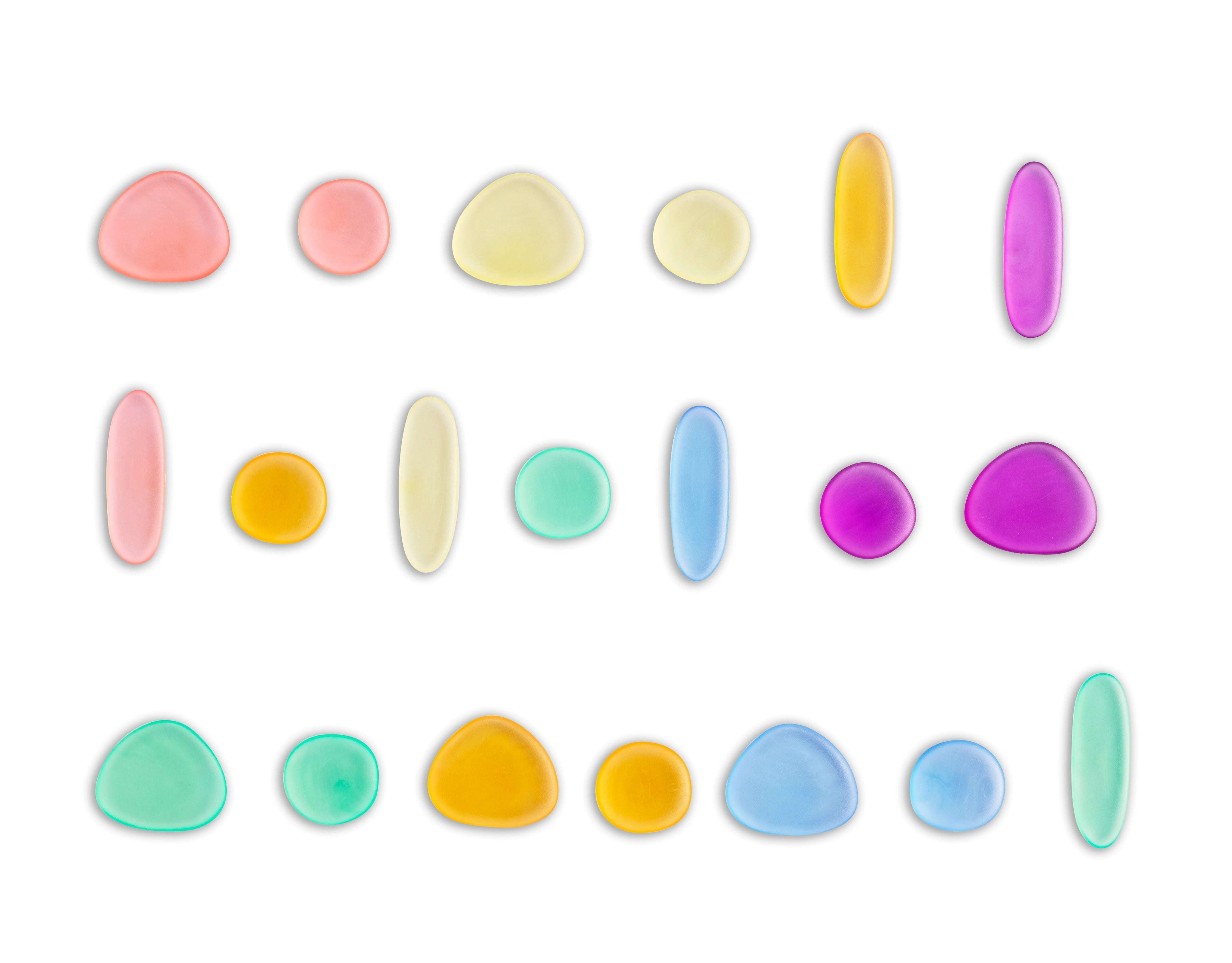Set of 36 colorful, translucent pebbles in various shapes and sizes for sensory play and light table activities.