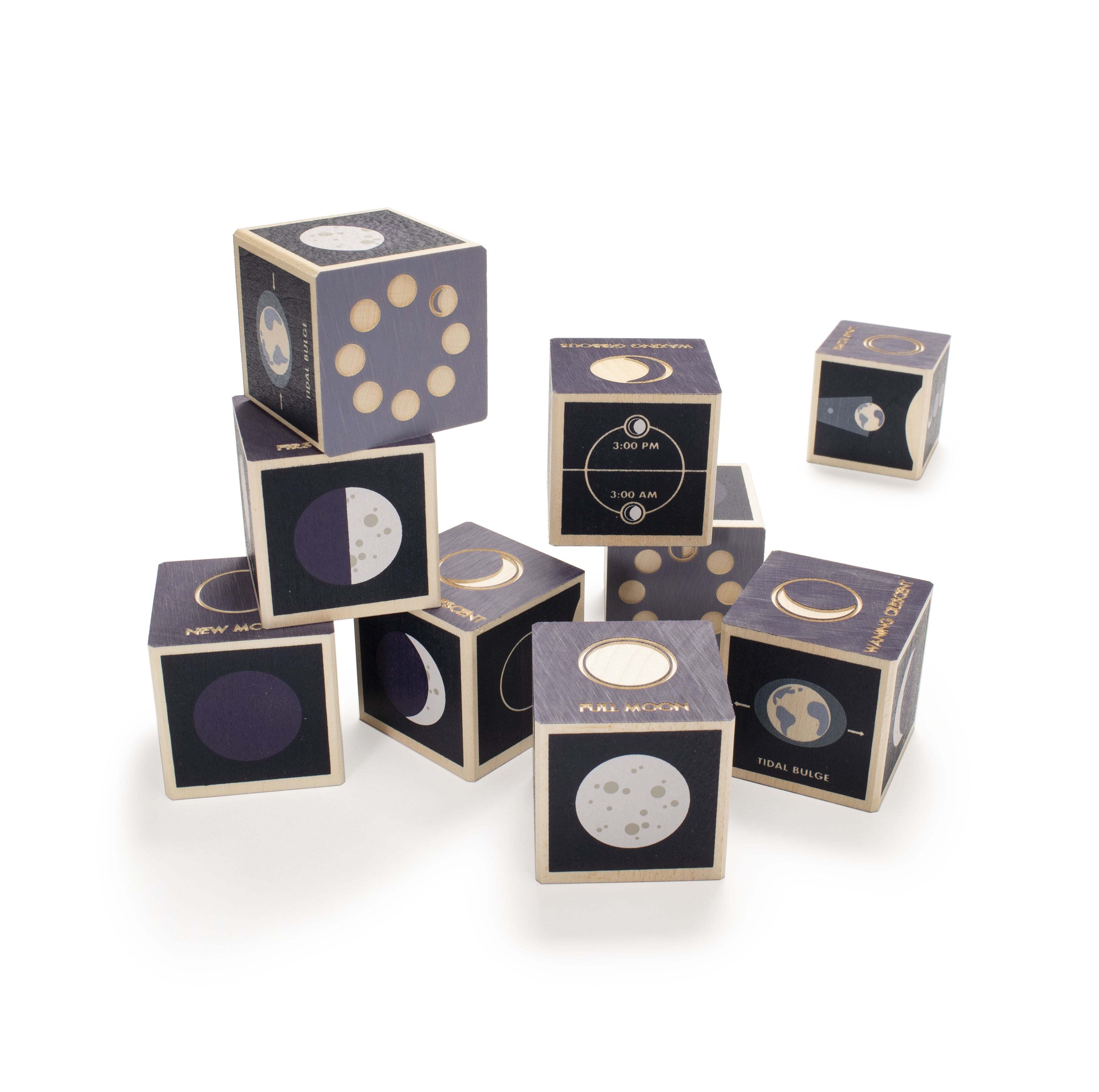 Set of 9 wooden Moon Phase Blocks showing lunar phases, eclipse, rise/set times, and tidal effects