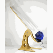 Clear acrylic wind tunnel tube on a pivoting light wood base for STEM learning, shown with a blue fan attachment.