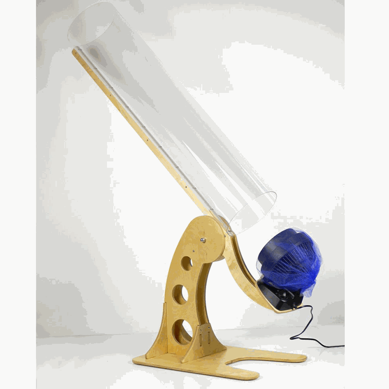 Clear acrylic wind tunnel tube on a pivoting light wood base for STEM learning, shown with a blue fan attachment.