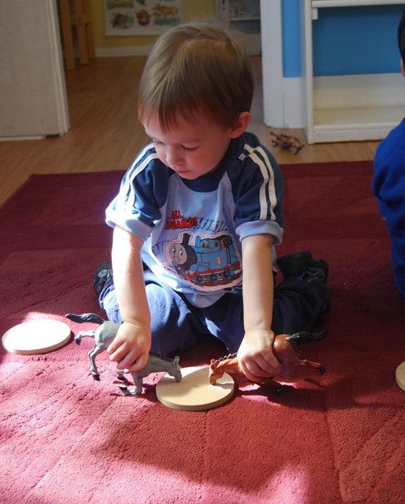 Toddler playing with smooth, natural wood biscuit discs and toy horses on a red carpet.