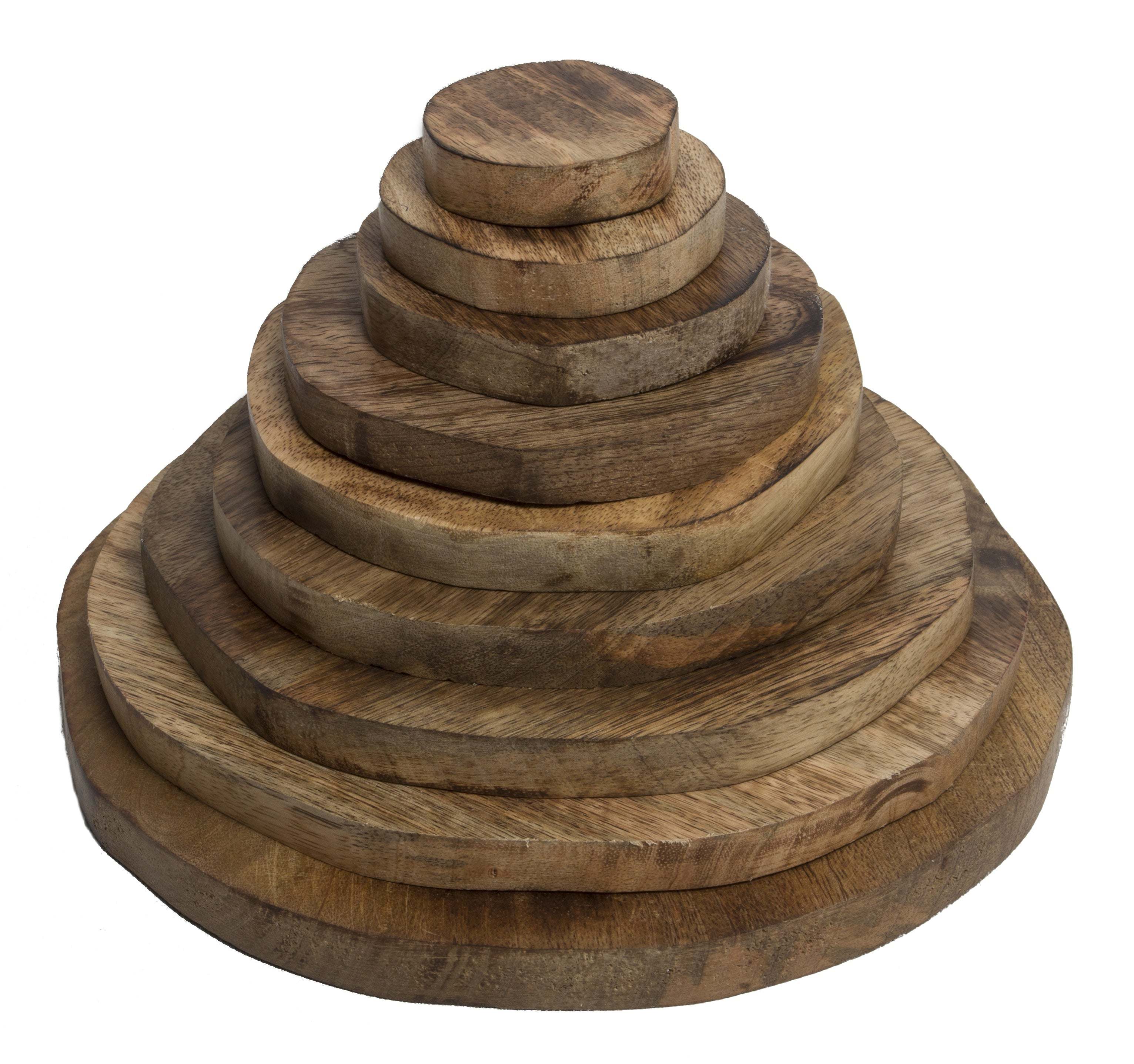 Stack of natural wooden discs in graduated sizes, arranged in a pyramid shape on a white background.