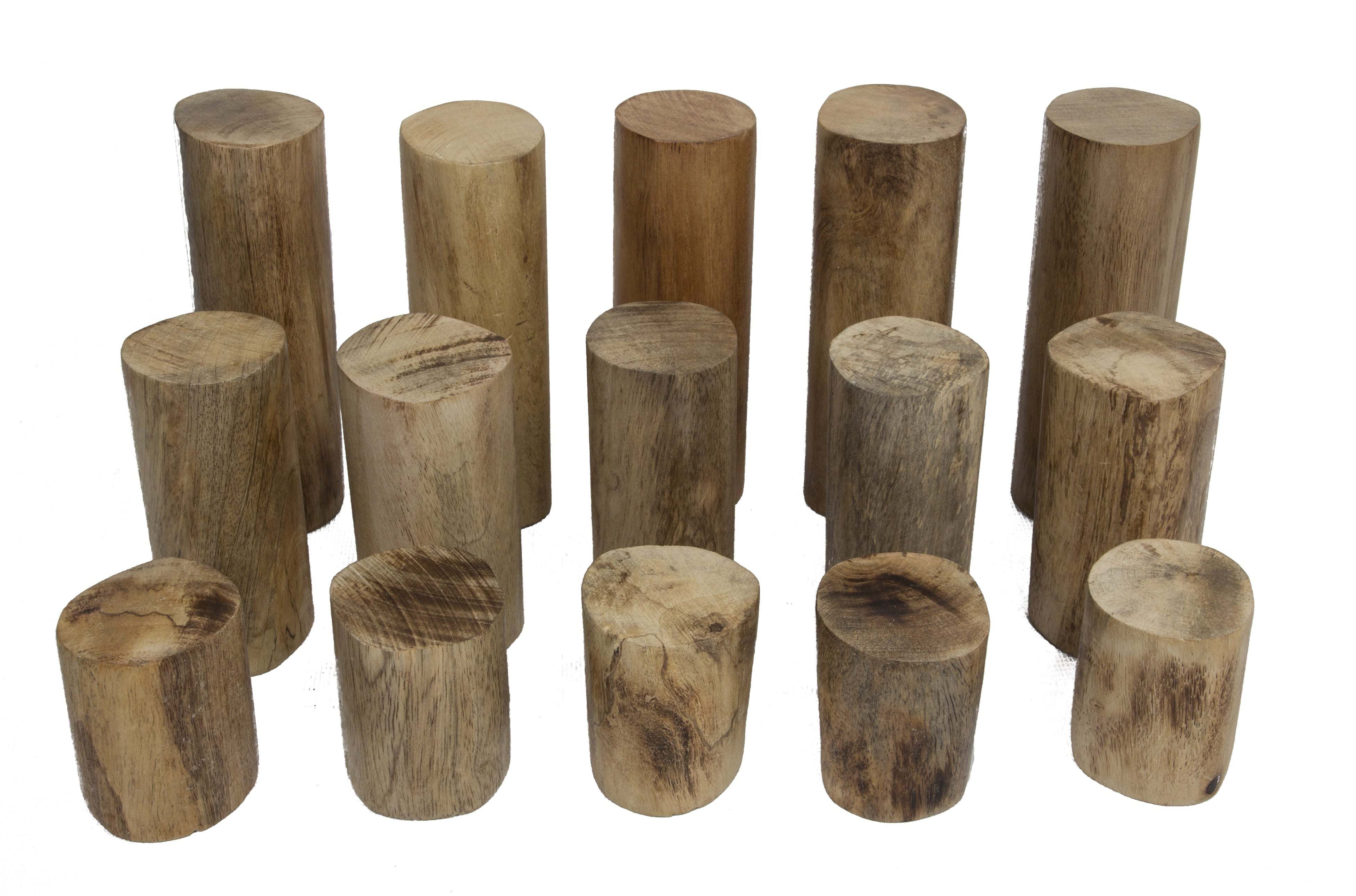 Set of smooth, cylindrical wooden stacking trunks with natural grain textures, arranged in rows on a white background.