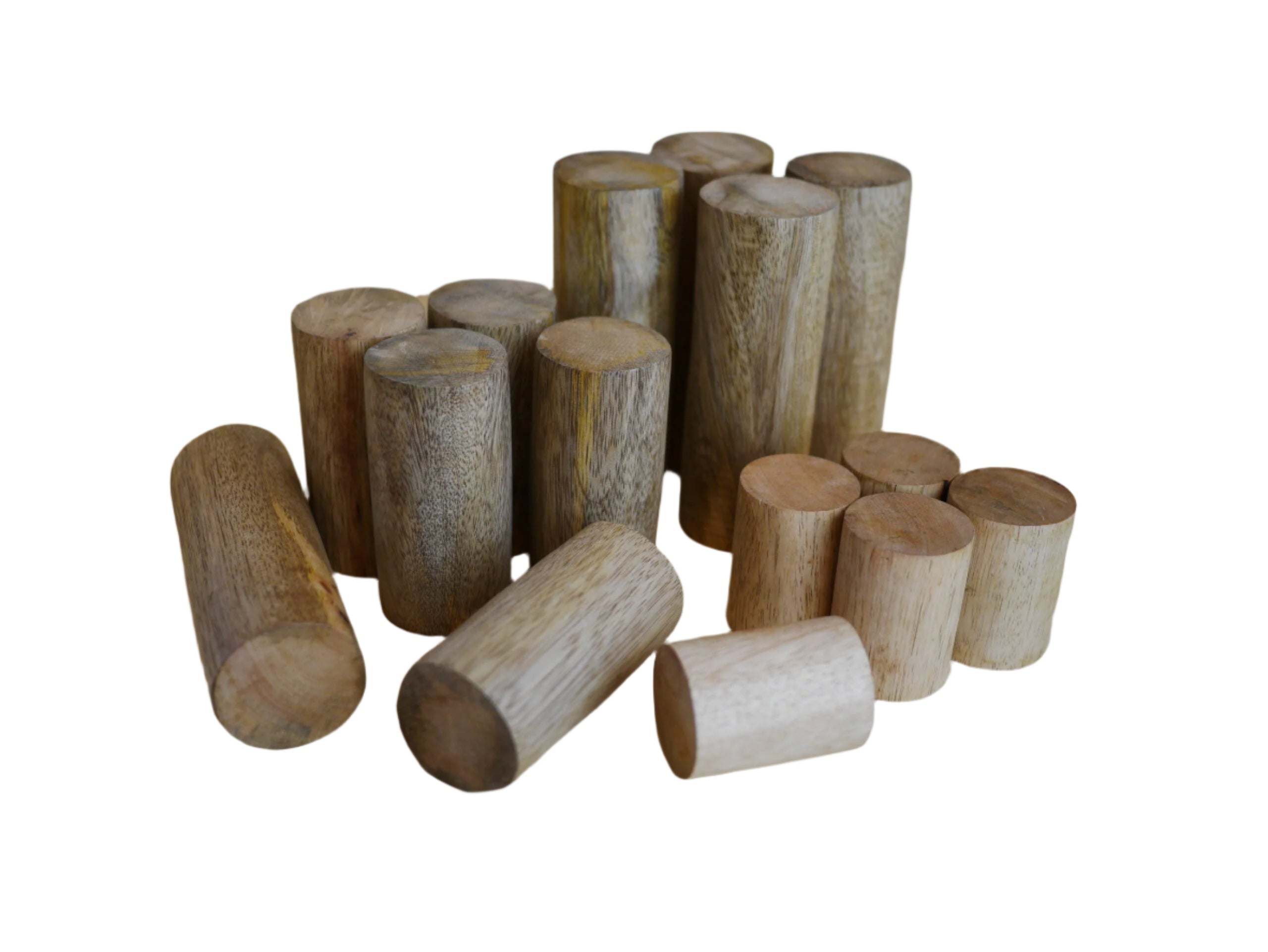 Set of smooth, natural wooden stacking trunks in various sizes for creative construction and open-ended play.
