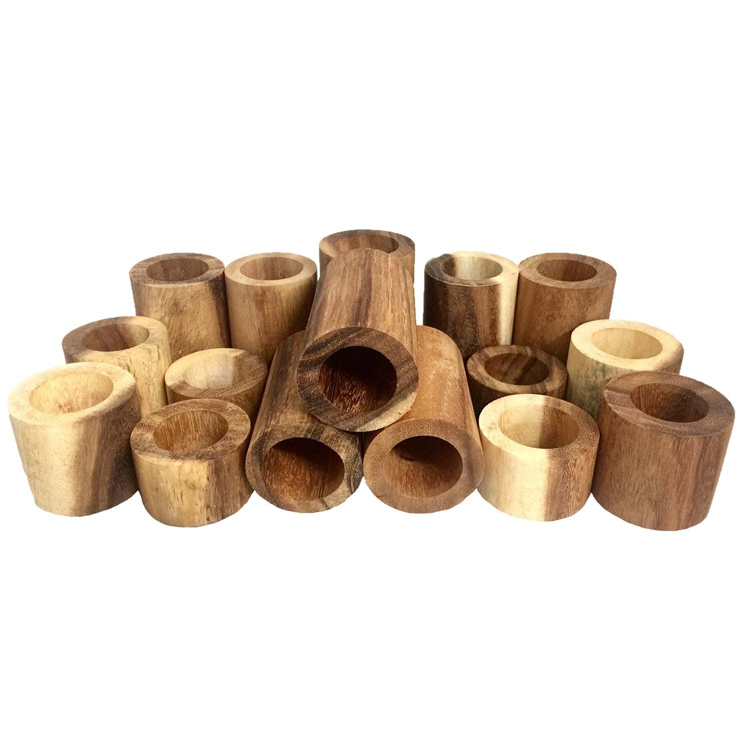Set of natural wooden tubes in various light and dark brown wood grains for open-ended play and marble runs.