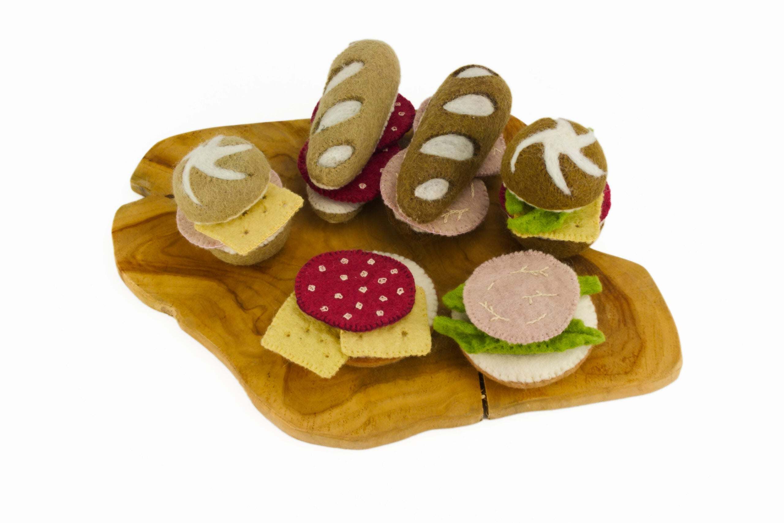 Wool Bread Set with sliced bread, rolls, bagels, and play food for kids