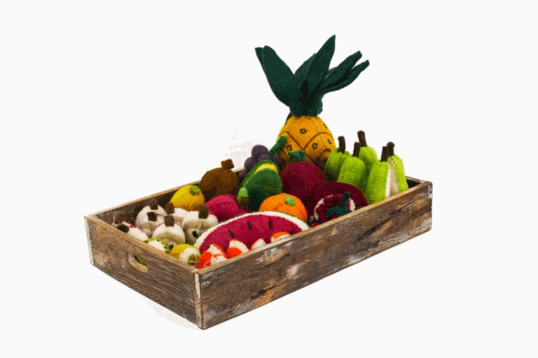 Colorful Wool Fruits Set including pears, pineapple, pomegranate, apple, and orange pieces for educational play and art inspiration