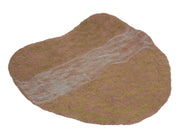 Irregularly shaped brown felted wool playscape mat with textured green and grey accents for sensory exploration.