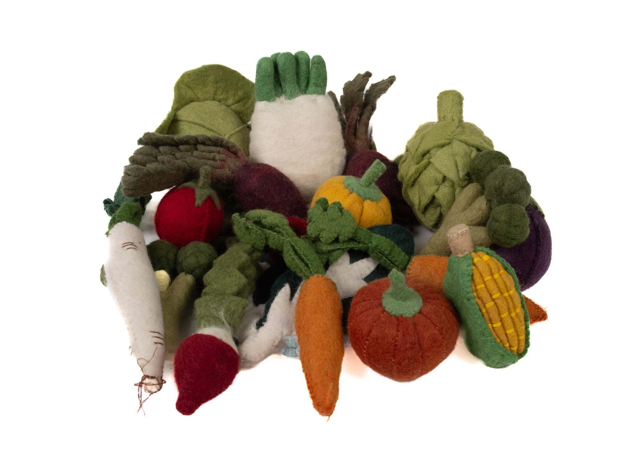 Colorful Wool Vegetables Set with 19 bright wool veggies for educational play and creative learning